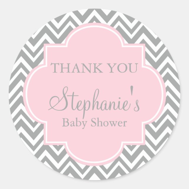 Grey, White and Pastel Pink Chevron Baby Shower Classic Round Sticker (Front)