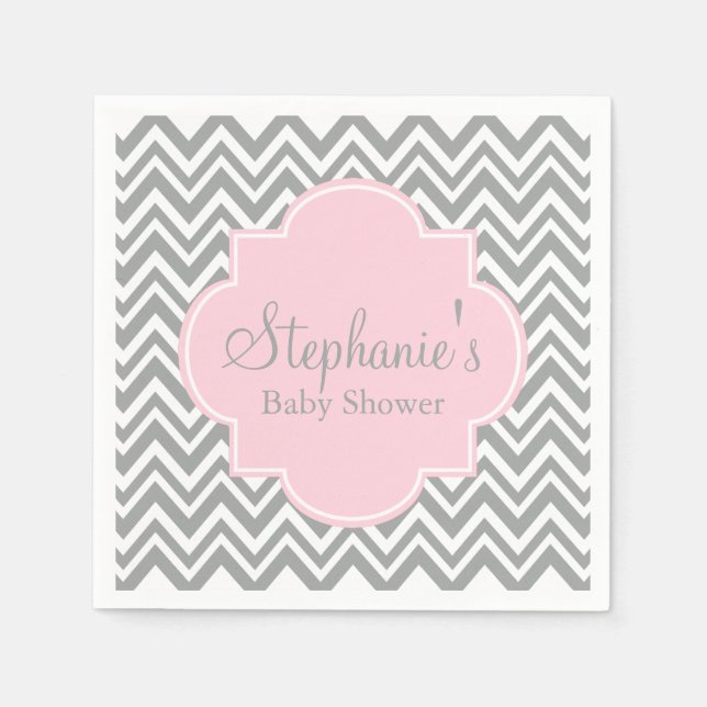 Grey, White and Pastel Pink Chevron Baby Shower Napkin (Front)