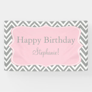 Grey, White and Pastel Pink Chevron Birthday Banner