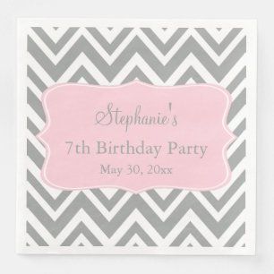 Grey, White and Pastel Pink Chevron Birthday Napkin