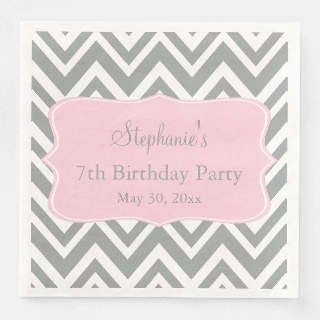 Grey, White and Pastel Pink Chevron Birthday Napkin (Front)