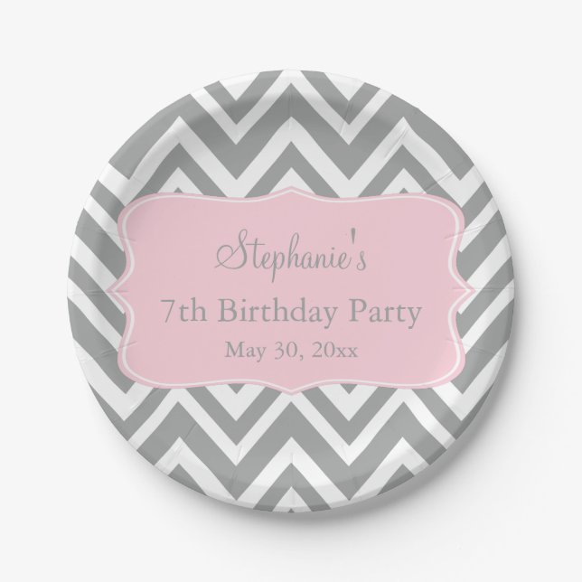 Grey, White and Pastel Pink Chevron Birthday Paper Plate (Front)