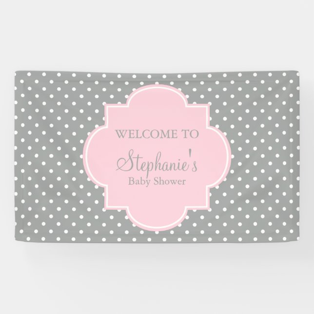 Grey, White and Pastel Pink Polka Dot Baby Shower Banner (Horizontal)