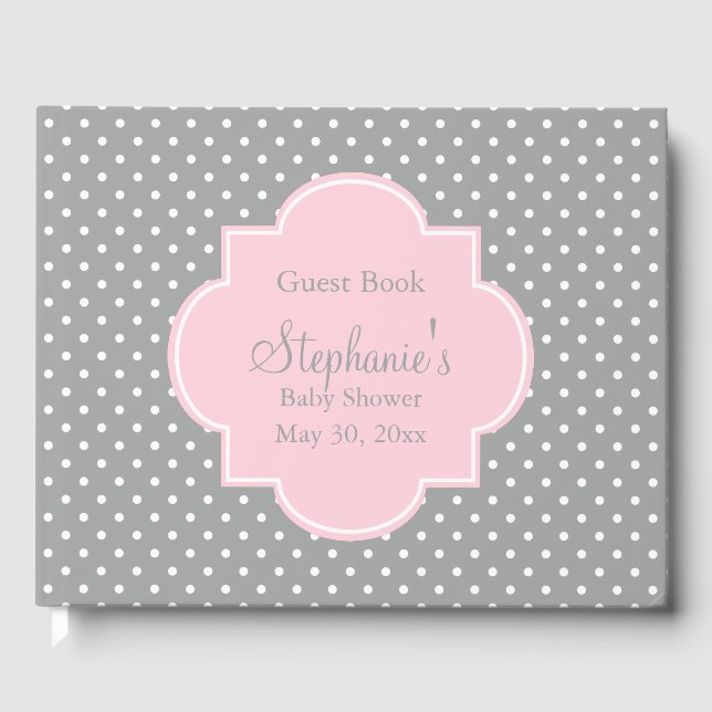 Grey, White and Pastel Pink Polka Dot Baby Shower Guest Book (Front)