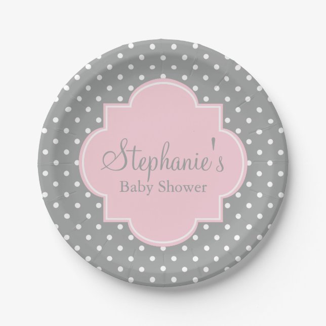 Grey, White and Pastel Pink Polka Dot Baby Shower Paper Plate (Front)