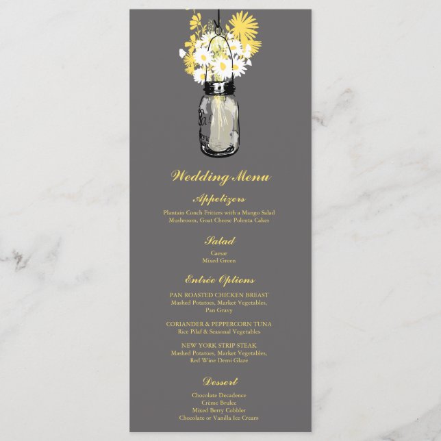 Grey, White and Yellow Mason Jar | Wedding Menu (Front)