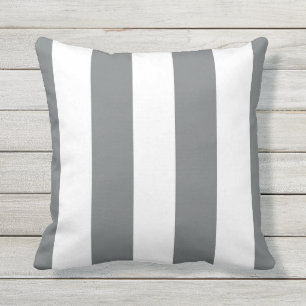 Grey & White Awning Stripes Outdoor Throw Pillow