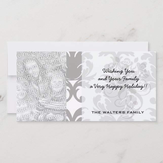 grey white baroque damask holiday card (Front)