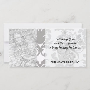grey white baroque damask holiday card