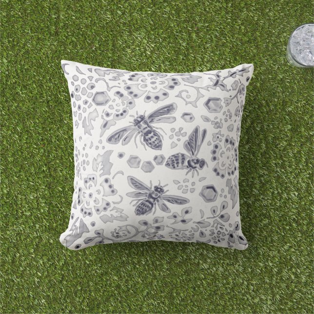 Grey  White Bee Floral Unique Rustic Farmhouse  Cushion (Grass)