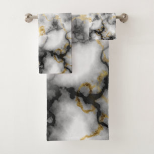 Grey White Black and Gold Marble Pattern Bath Towel Set