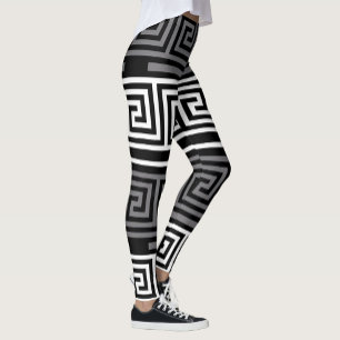 Grey White Black Greek Key Fret Pattern Design  Leggings