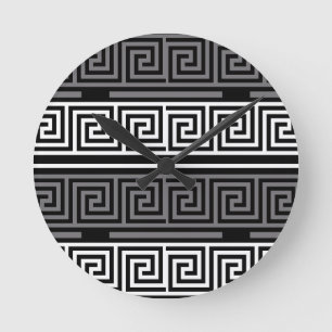 Grey White Black Greek Key Fret Pattern Design Round Clock