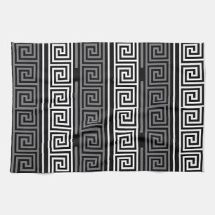 Grey White Black Greek Key Fret Pattern Design Tea Towel