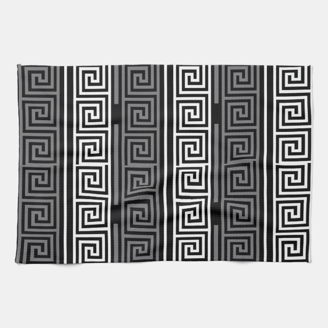 Grey White Black Greek Key Fret Pattern Design  Tea Towel (Horizontal)