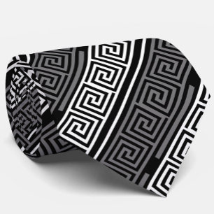 Grey White Black Greek Key Fret Pattern Design Tie