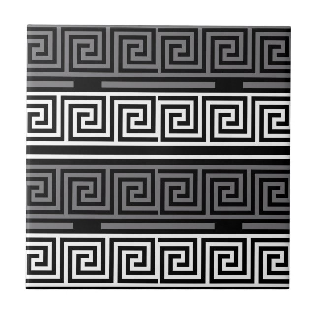 Grey White Black Greek Key Fret Pattern Design  Tile (Front)