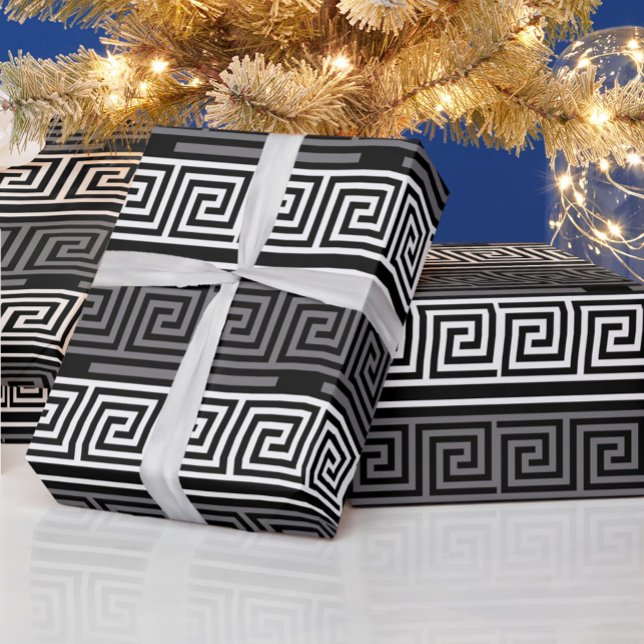 Grey White Black Greek Key Fret Pattern Design  Wrapping Paper (Creator Uploaded)