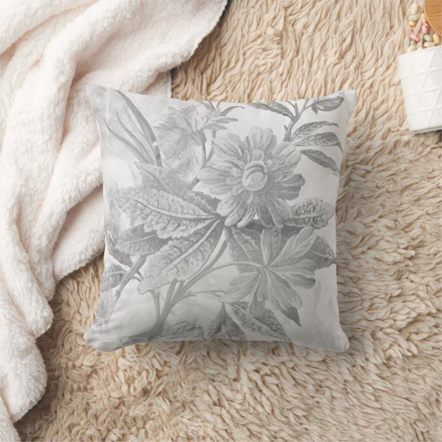 Grey & White Botanical Floral Design Cushion (Blanket)