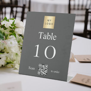 Grey white business logo QR code table number Pedestal Sign