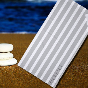 grey & white cabana stripes personalised beach towel