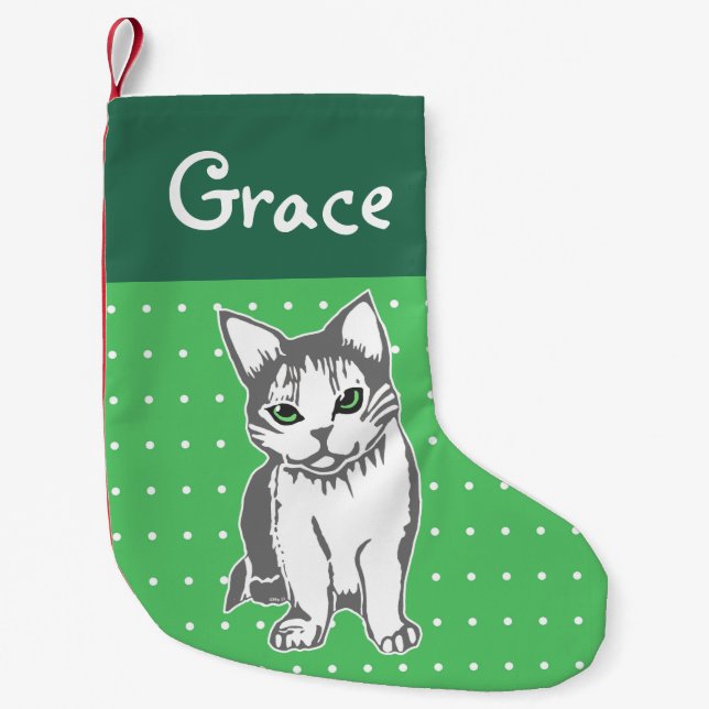 Grey White Cat Custom Green Christmas Stocking (Front)