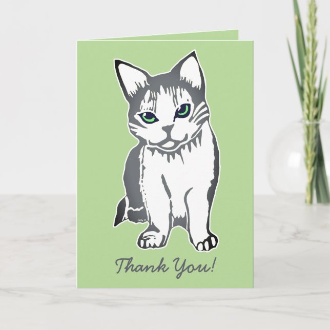 Grey & White Cat Light Green Thank You Card (Front)