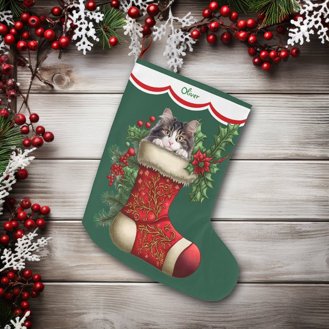 Grey White Cat Peeking Large Christmas Stocking (Creator Uploaded)