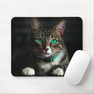 Grey & White Cat with Blue Eyes & Matching Collar Mouse Mat