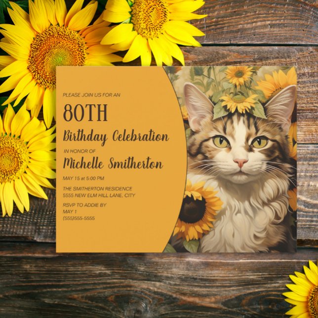 Grey White Cat Yellow Sunflowers 80th Birthday Invitation (Gray and white cat and sunflowers women's 80th birthday party invitation)