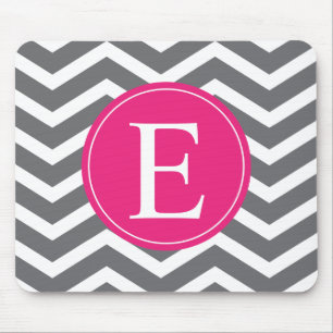 Grey White Chevron Bright Pink Monogram Mouse Mat