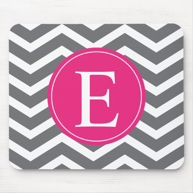 Grey White Chevron Bright Pink Monogram Mouse Mat (Front)
