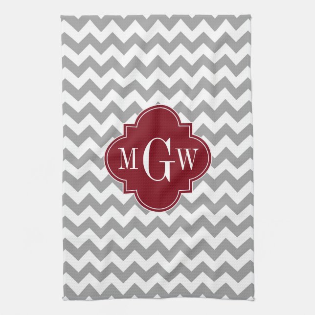 Grey White Chevron Burgundy Quatrefoil 3 Monogram Tea Towel (Vertical)