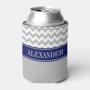 Grey White Chevron CB Navy Name Monogram Can Cooler