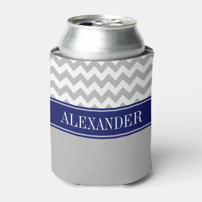 Grey White Chevron CB Navy Name Monogram Can Cooler (Can Front)