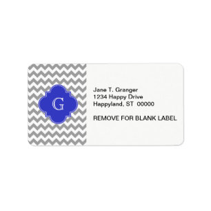 Grey White Chevron Cobalt Blue Quatrefoil Monogram Label