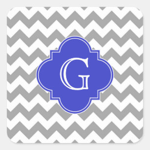 Grey White Chevron Cobalt Blue Quatrefoil Monogram Square Sticker