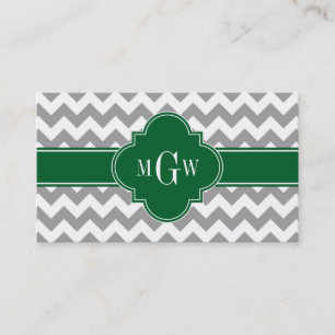Grey White Chevron Emerald Quatrefoil 3 Monogram Business Card
