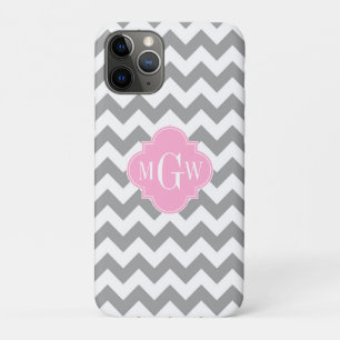 Grey White Chevron Pink Quatrefoil 3 Monogram iPhone 11 Pro Case