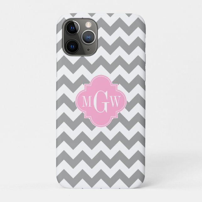 Grey White Chevron Pink Quatrefoil 3 Monogram Case-Mate iPhone Case (Back)