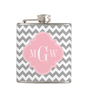 Grey White Chevron Pink Quatrefoil 3 Monogram Hip Flask