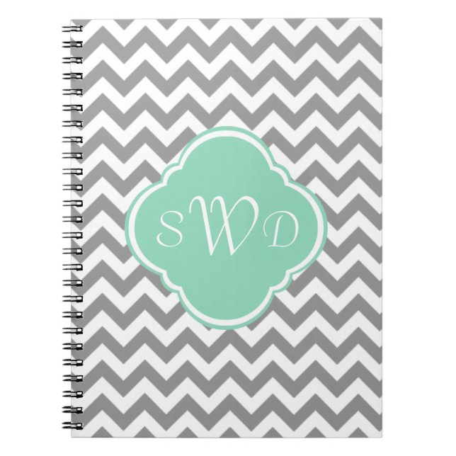 Grey & White Chevron Stripe Custom Monogram Notebook (Front)