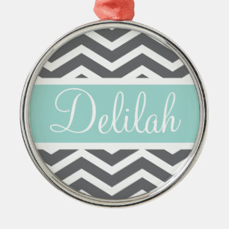 Grey White Chevron Teal Name Metal Tree Decoration