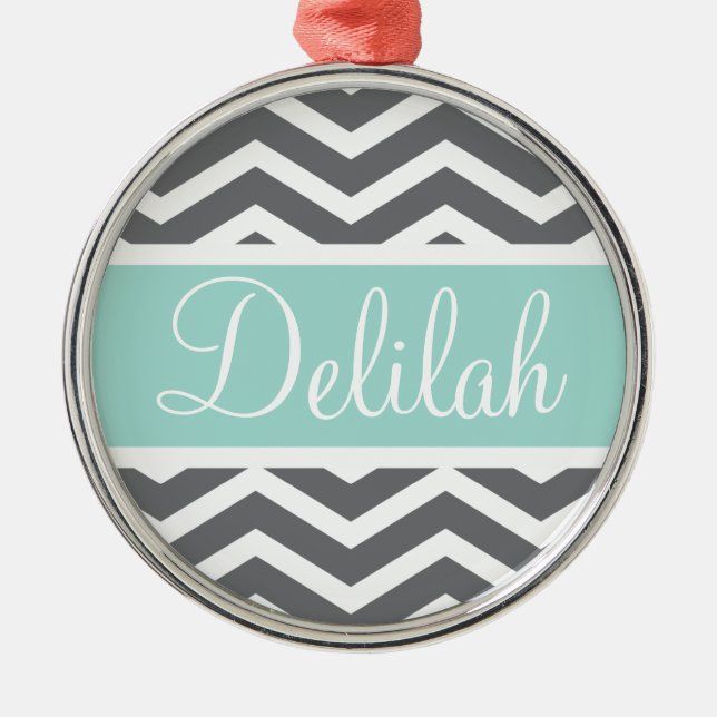 Grey White Chevron Teal Name Metal Tree Decoration (Front)