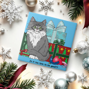 Grey White Christmas Kitten Tile