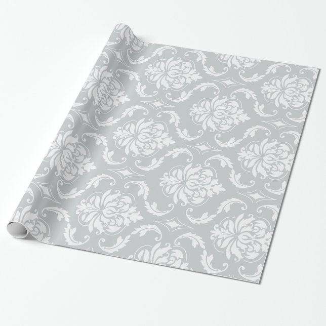 Grey White Classic Damask Pattern Wrapping Paper (Unrolled)