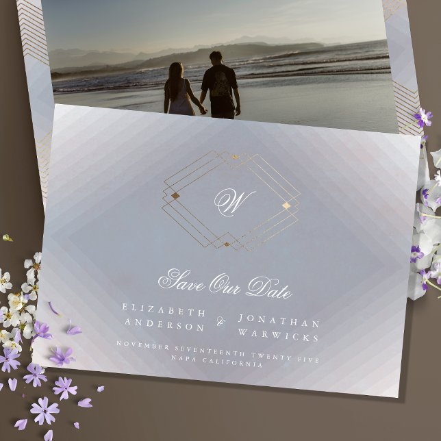 grey white classic deco gold monogram photo save the date (Creator Uploaded)