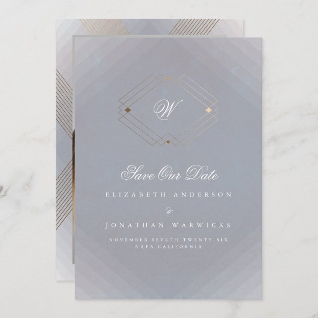 grey white classic deco gold monogram photo save the date (Front/Back)