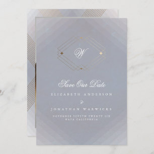 grey white classic deco gold monogram photo save the date