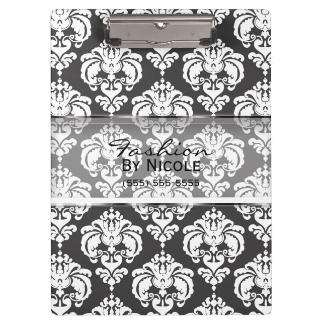 Grey & White Damask Chic Elegant Glam Personalised Clipboard (Front)